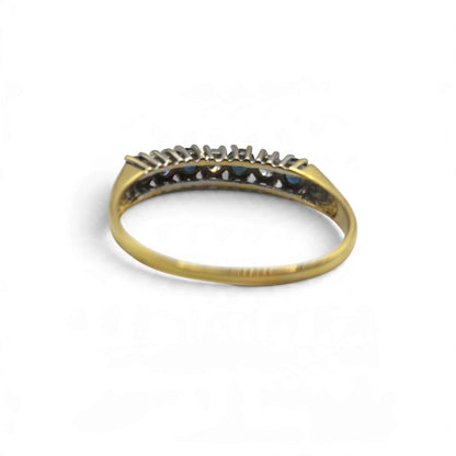 18ct yellow gold sapphire and diamond half eternity ring with alternating gemstones, crafted by Reeves and Sons.