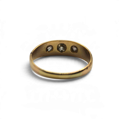 18ct yellow gold 3 stone diamond ring by Reeves and Sons, featuring three diamonds in a classic setting
