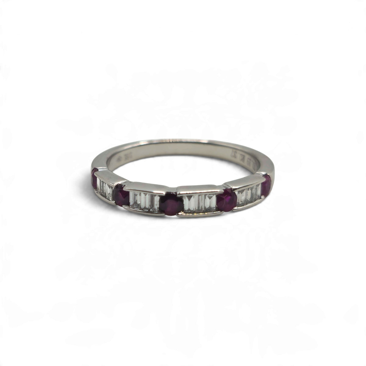 18ct white gold Reeves and Sons ruby and diamond eternity ring with alternating gemstones encircling the band