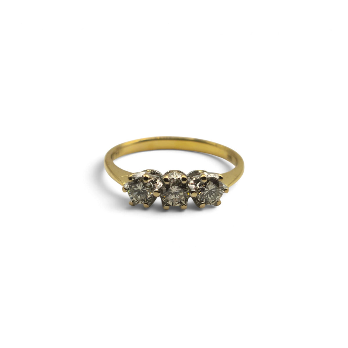 Reeves and Sons 18ct yellow gold 3 stone diamond ring with three round diamonds