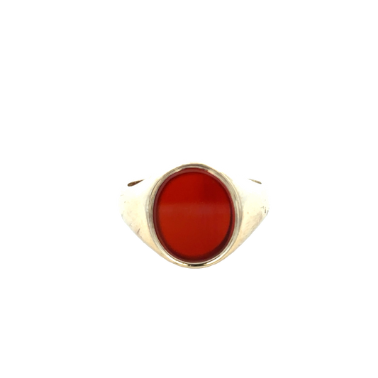 9ct yellow gold signet ring in size Q with Reeves and Sons branding, featuring a smooth polished surface and classic design.