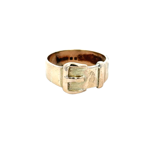9ct yellow gold buckle ring in size R with a polished finish, featuring a classic buckle design by Reeves and Sons.