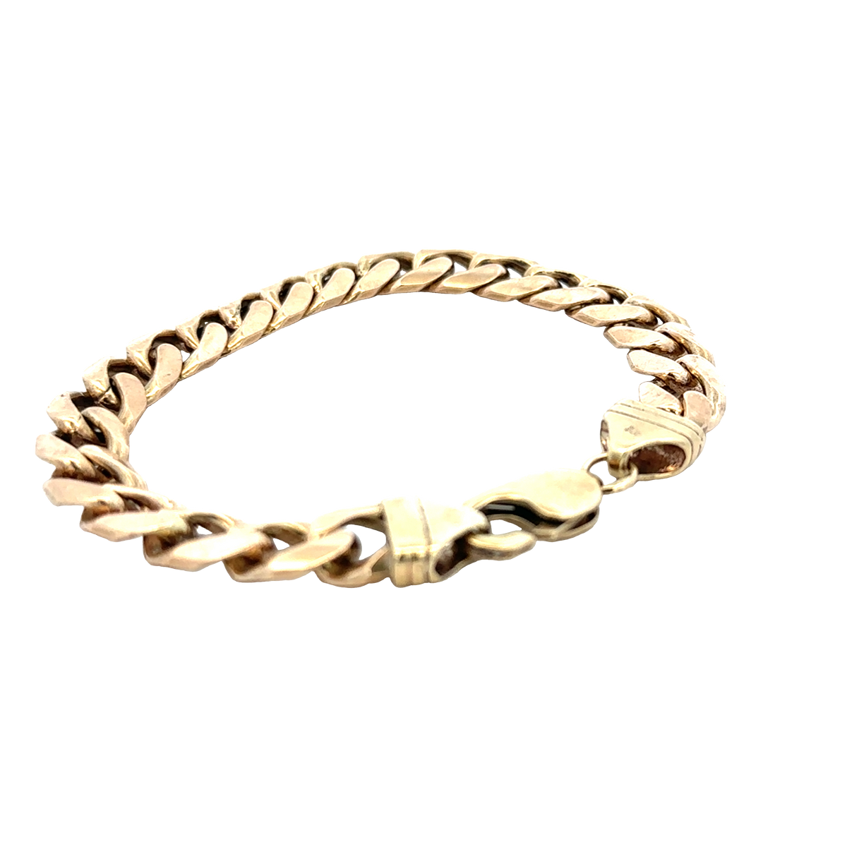 9ct yellow gold curb bracelet weighing 42.4g with a polished finish, crafted by Reeves and Sons.