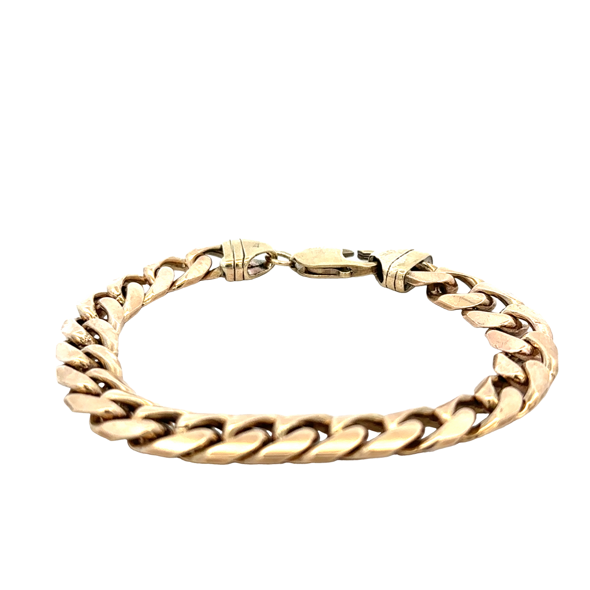 9ct yellow gold curb bracelet with a 42.4g weight, featuring linked gold chains, from Reeves and Sons.