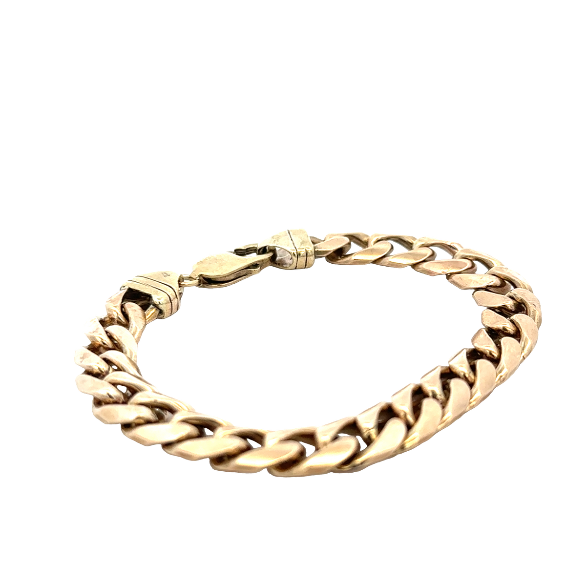 9ct yellow gold curb bracelet with a polished finish, showcasing its linked chain design and secure clasp.