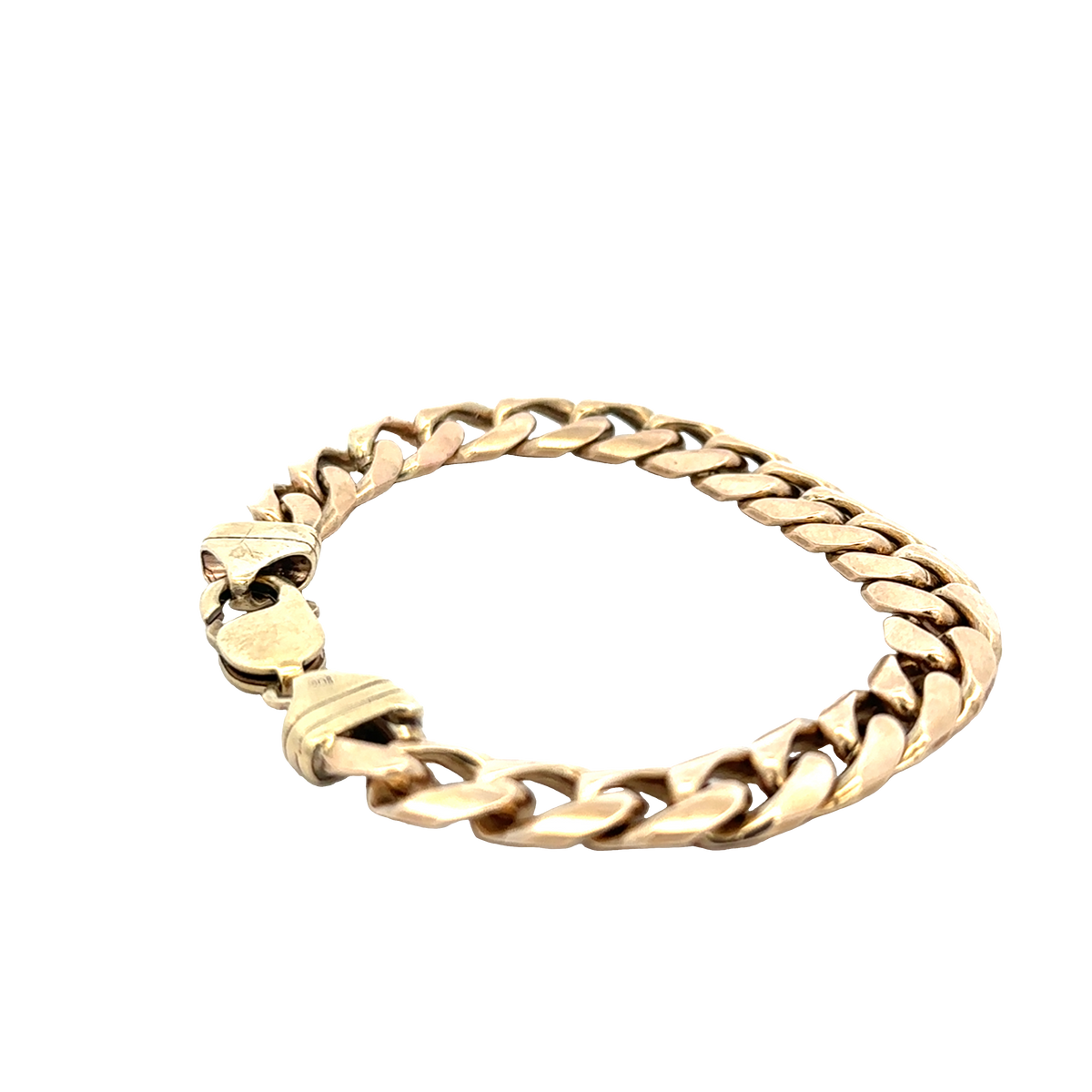 9ct yellow gold curb bracelet weighing 42.4g from Reeves and Sons, featuring interlinked gold curb chain links.