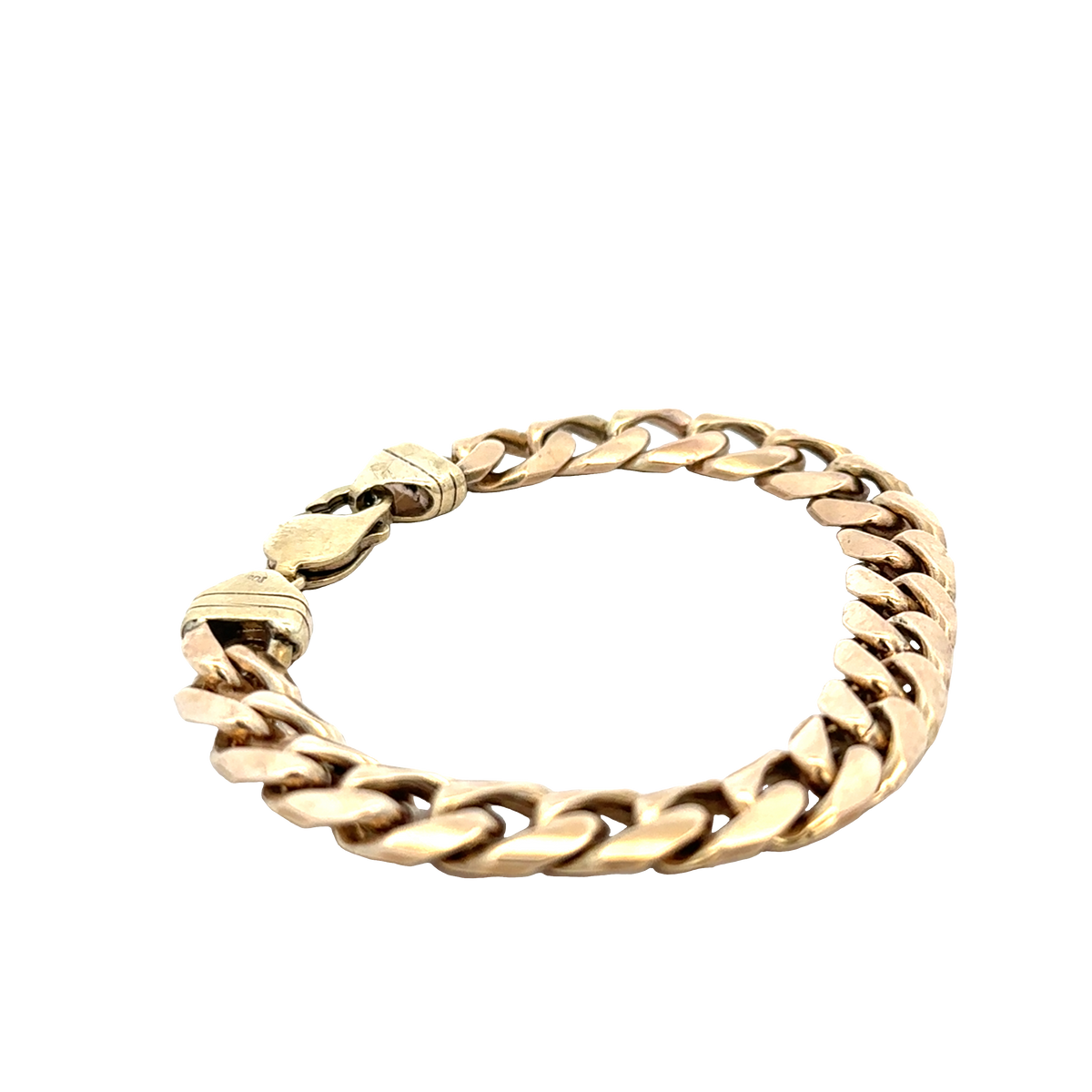9ct yellow gold curb bracelet by Reeves and Sons with a polished finish, weighing 42.4g, shown on a neutral background.