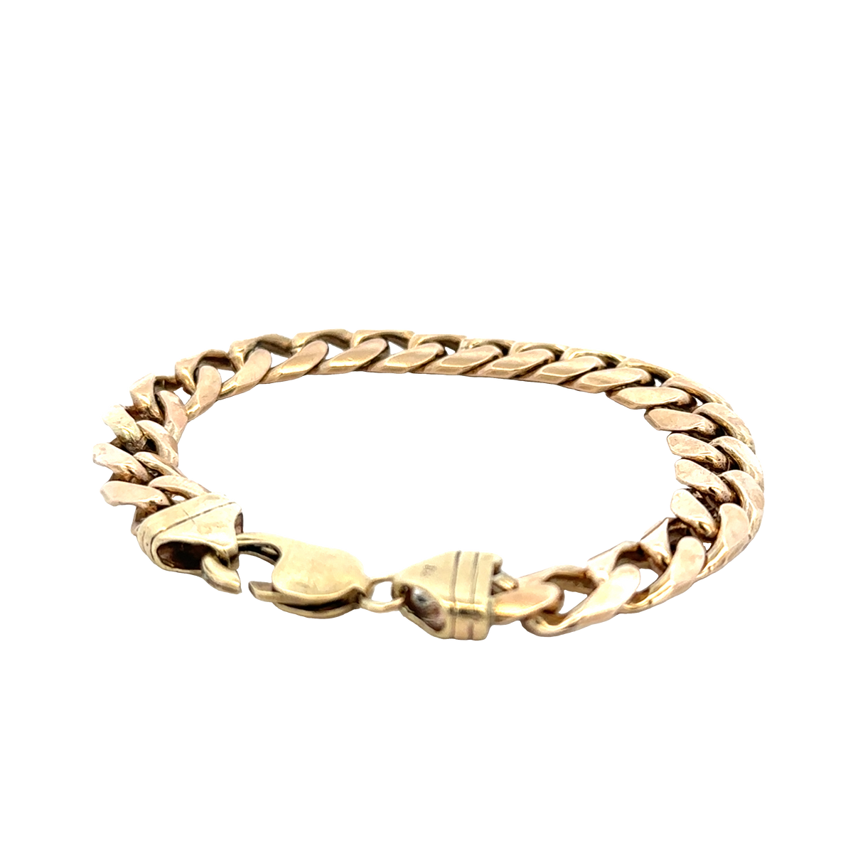 9ct yellow gold curb bracelet with a polished finish, featuring linked chain design, weight 42.4g, by Reeves and Sons.