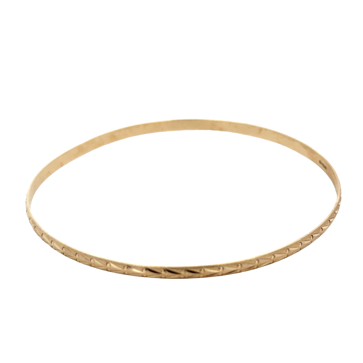 9ct yellow gold bangle by Reeves and Sons, sleek and polished jewelry piece, weight 4.2g with intricate design details visible.