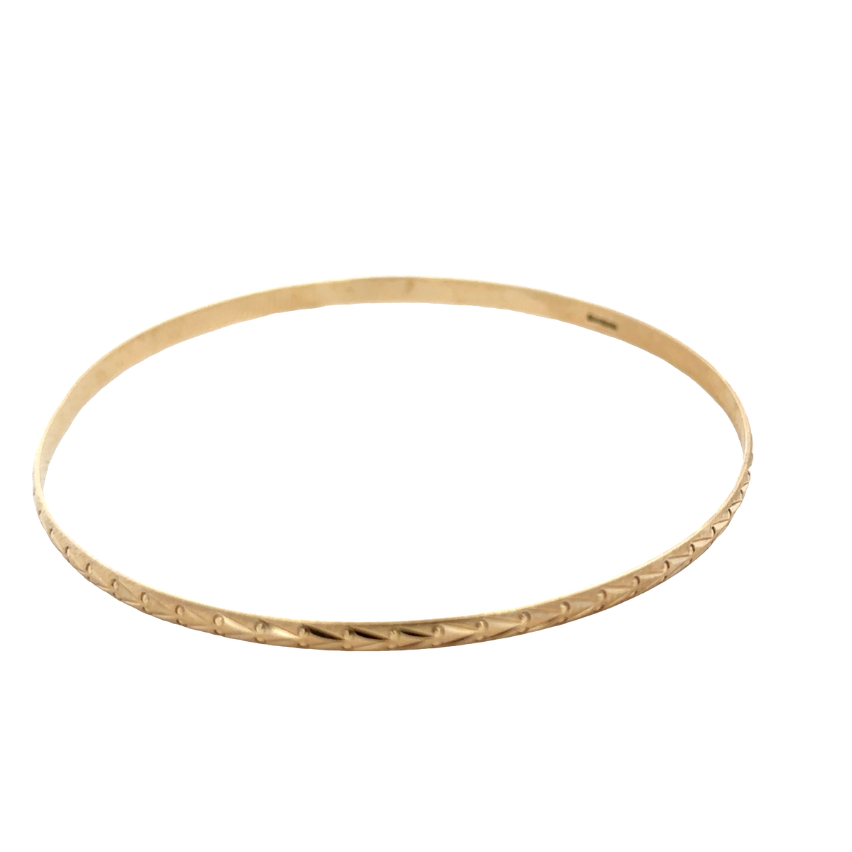 9ct yellow gold bangle by Reeves and Sons, 4.2g, showing a close-up of the smooth, polished gold design on a plain background.