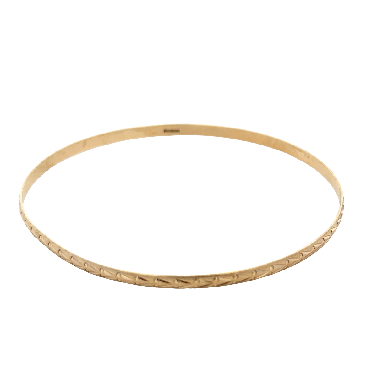 9ct yellow gold bangle by Reeves and Sons, lightweight jewelry accessory with a sleek, polished finish, weight 4.2g.