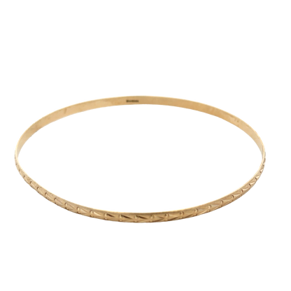 9ct yellow gold bangle by Reeves and Sons, lightweight jewelry accessory with a sleek, polished finish, weight 4.2g.