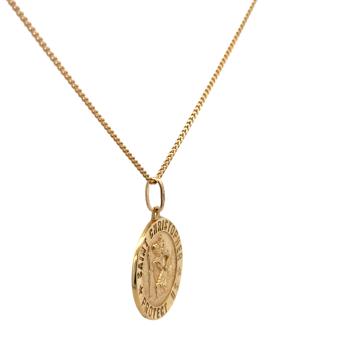 9ct yellow gold chain with St Christopher pendant, Reeves and Sons, weighing 6.3g, shown with detailed close-up of pendant and chain links.
