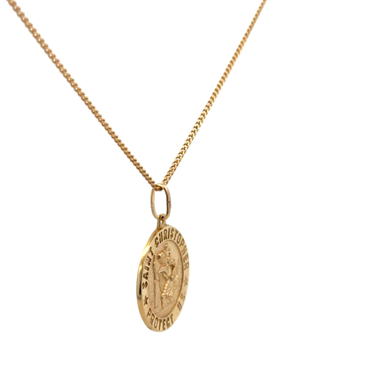 9ct yellow gold chain with St Christopher pendant, Reeves and Sons, weighing 6.3g, shown with detailed close-up of pendant and chain links.