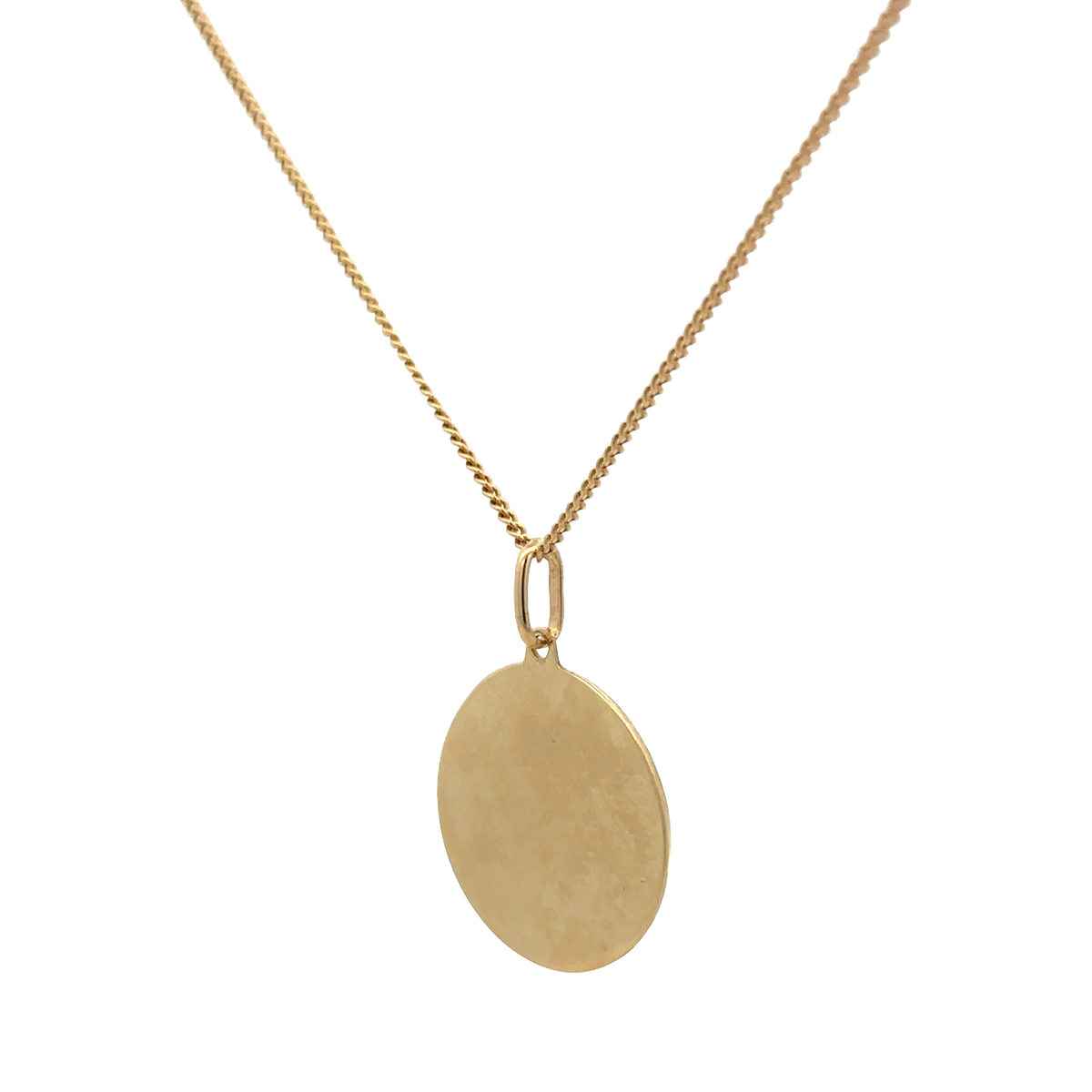 9ct yellow gold chain with St Christopher pendant, Reeves and Sons jewelry, showing the detailed gold chain and religious pendant.