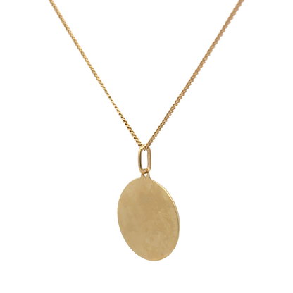 9ct yellow gold chain with St Christopher pendant, Reeves and Sons jewelry, showing the detailed gold chain and religious pendant.
