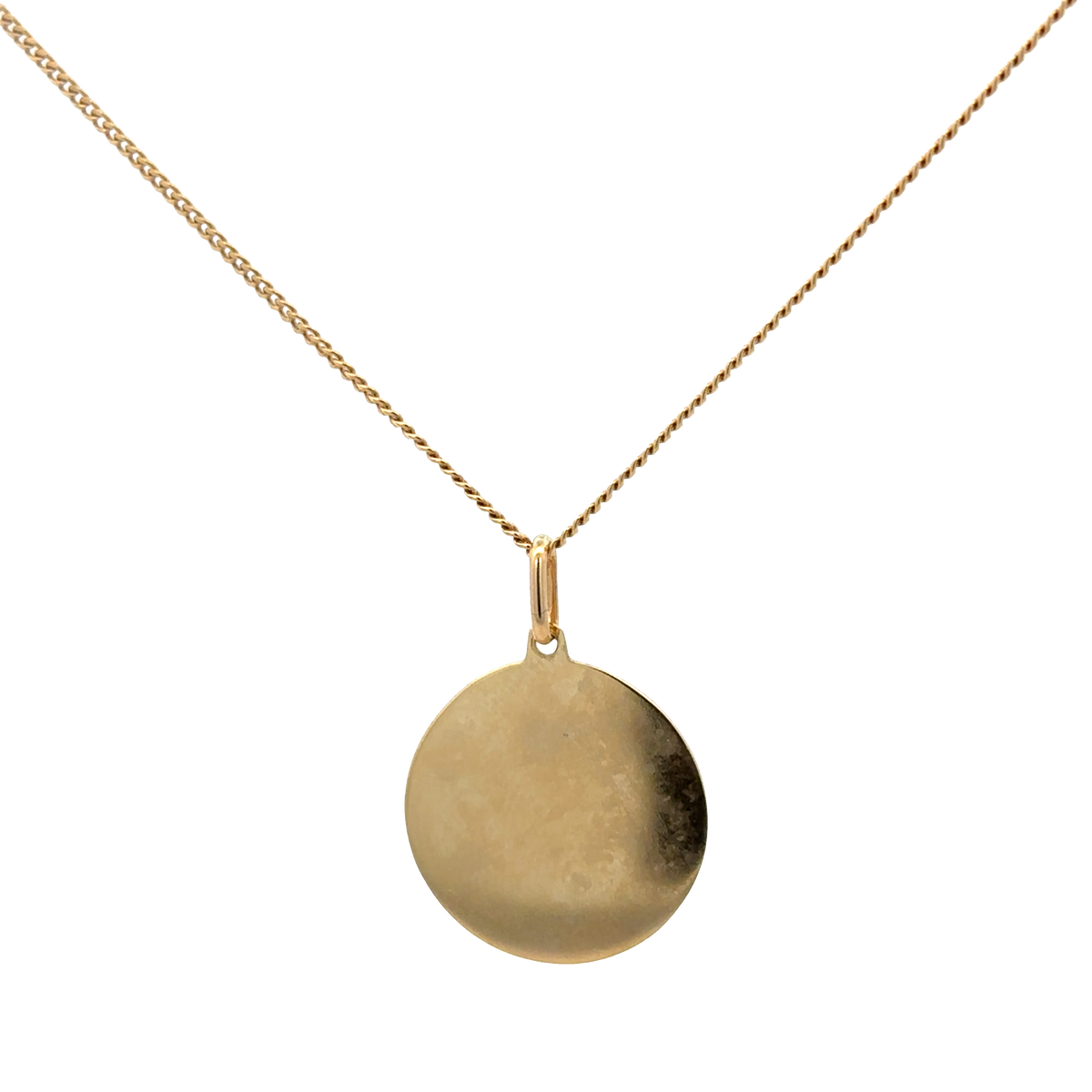 9ct yellow gold chain with St Christopher pendant, Reeves and Sons, weighs 6.3g, shown with detailed close-up of pendant and chain links.