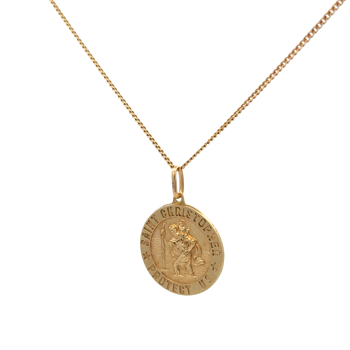 Reeves and Sons 9ct yellow gold chain with St Christopher pendant, 6.3g, featuring a detailed religious pendant attached to a gold chain.