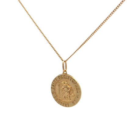 Reeves and Sons 9ct yellow gold chain with St Christopher pendant, 6.3g, featuring a detailed religious pendant attached to a gold chain.