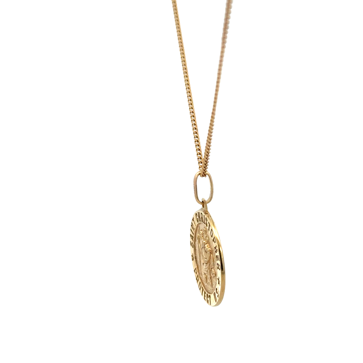 9ct yellow gold chain with St. Christopher pendant, Reeves and Sons jewelry, showing the detailed gold chain and religious pendant.