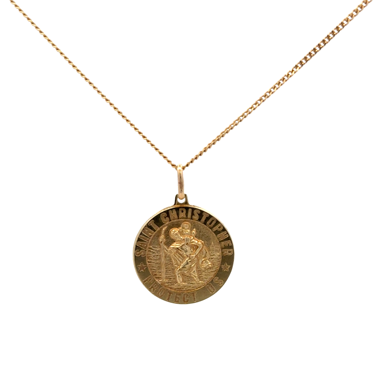 9ct yellow gold chain with St Christopher pendant, Reeves and Sons, lightweight jewelry piece shown on a plain background.