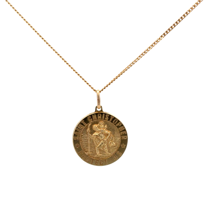 9ct yellow gold chain with St Christopher pendant, Reeves and Sons, lightweight jewelry piece shown on a plain background.