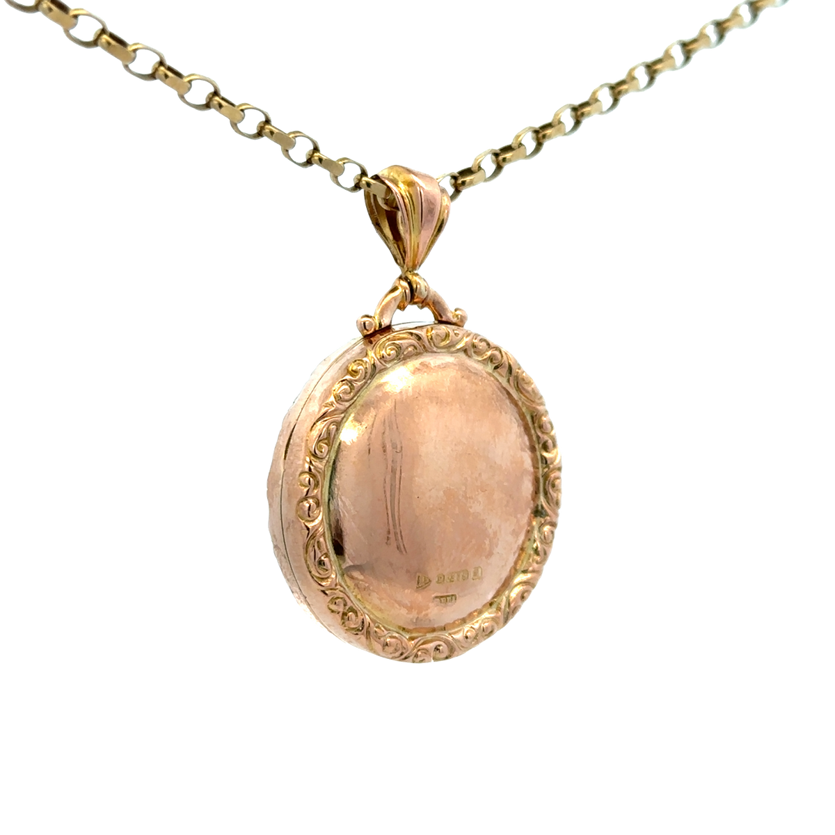Reeves and Sons 9ct yellow gold locket pendant, 7.5g, featuring intricate design and polished finish, hanging on a chain.