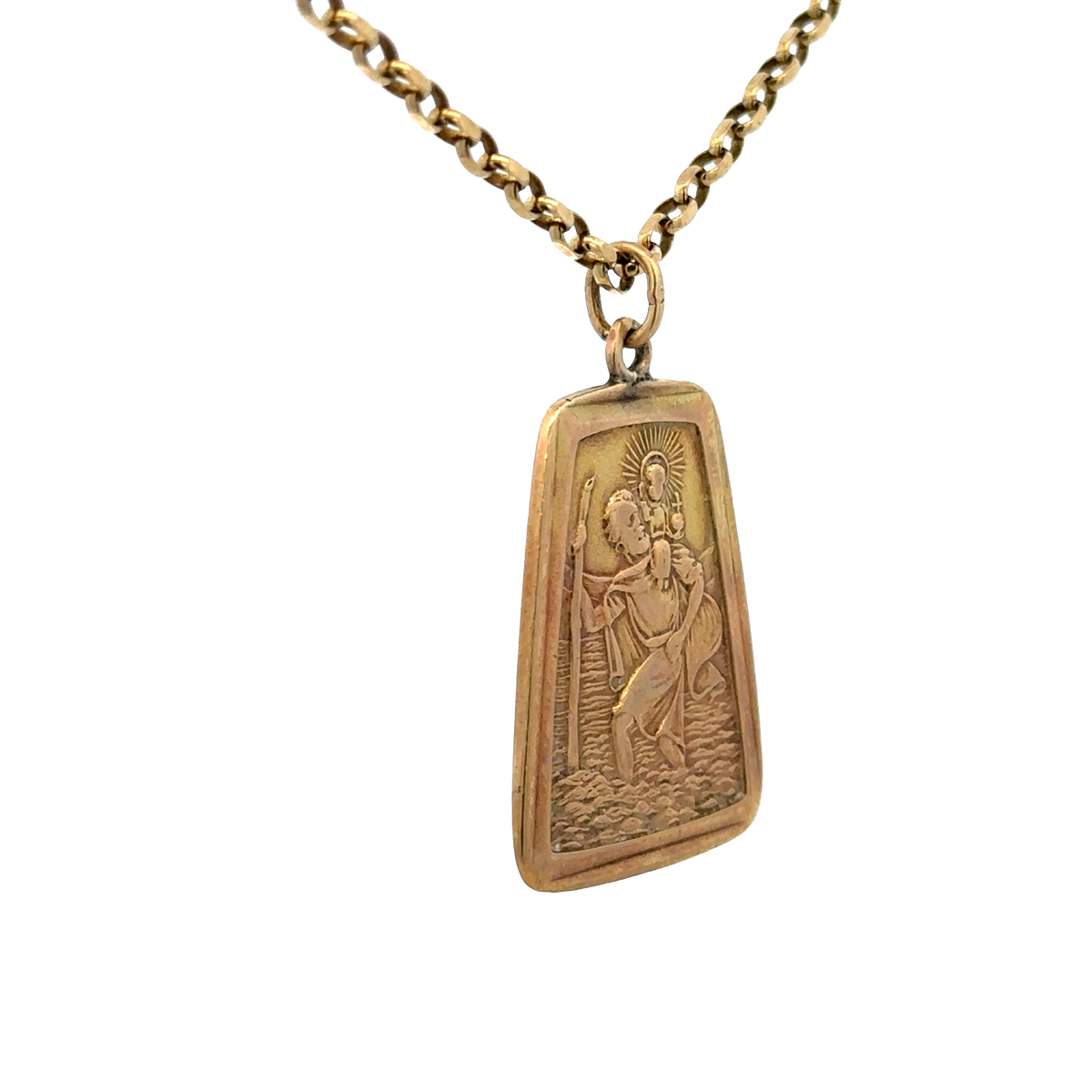 9ct yellow gold St Christopher pendant from Reeves and Sons, featuring detailed religious iconography on a polished gold surface.