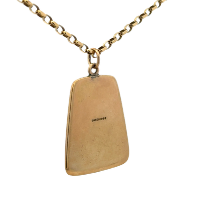 9ct yellow gold St Christopher pendant by Reeves and Sons, featuring intricate religious design, weighing 10.5 grams.