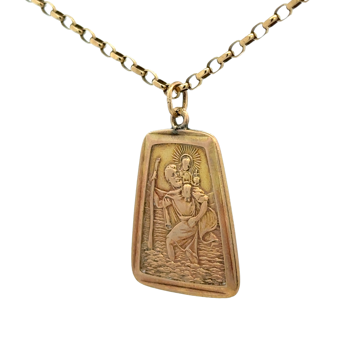 9ct yellow gold St Christopher pendant by Reeves and Sons, featuring detailed religious medal design on a chain.