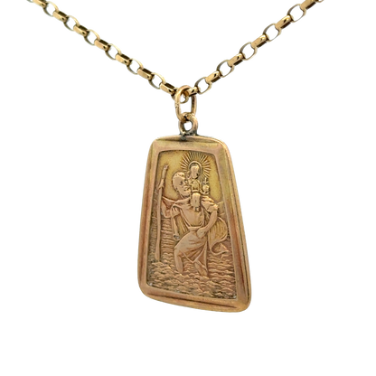 9ct yellow gold St Christopher pendant by Reeves and Sons, featuring detailed religious medal design on a chain.