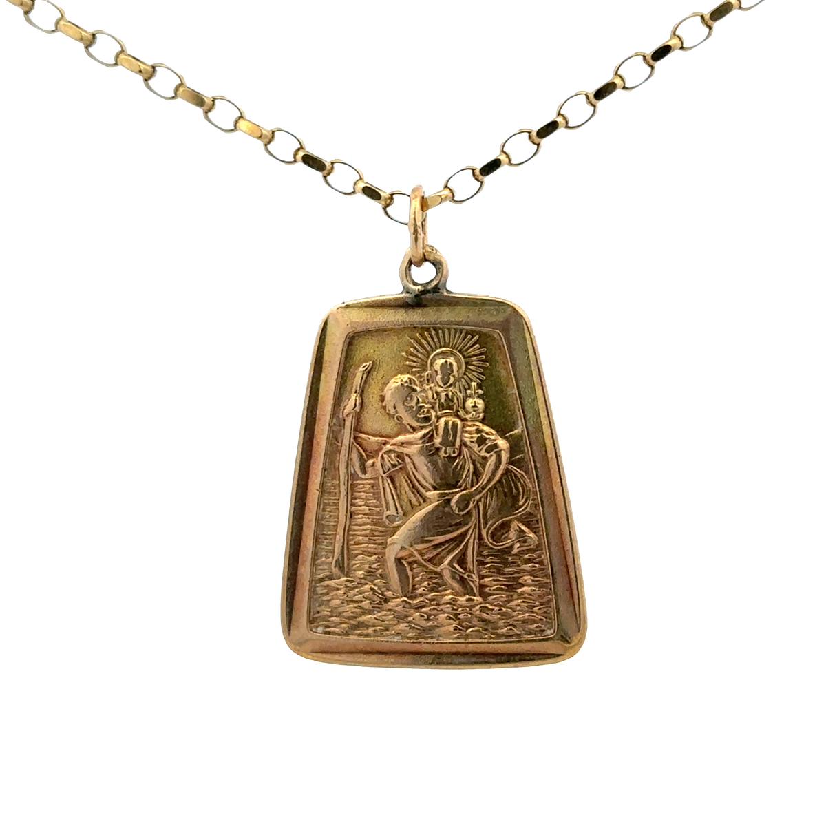 9ct yellow gold St Christopher pendant with detailed religious iconography, weighs 10.5g, by Reeves and Sons.
