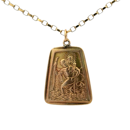 9ct yellow gold St Christopher pendant with detailed religious iconography, weighs 10.5g, by Reeves and Sons.