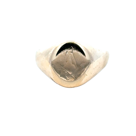 9ct yellow gold signet ring with engraved face, size R1/2, from Reeves and Sons, shown on a plain background