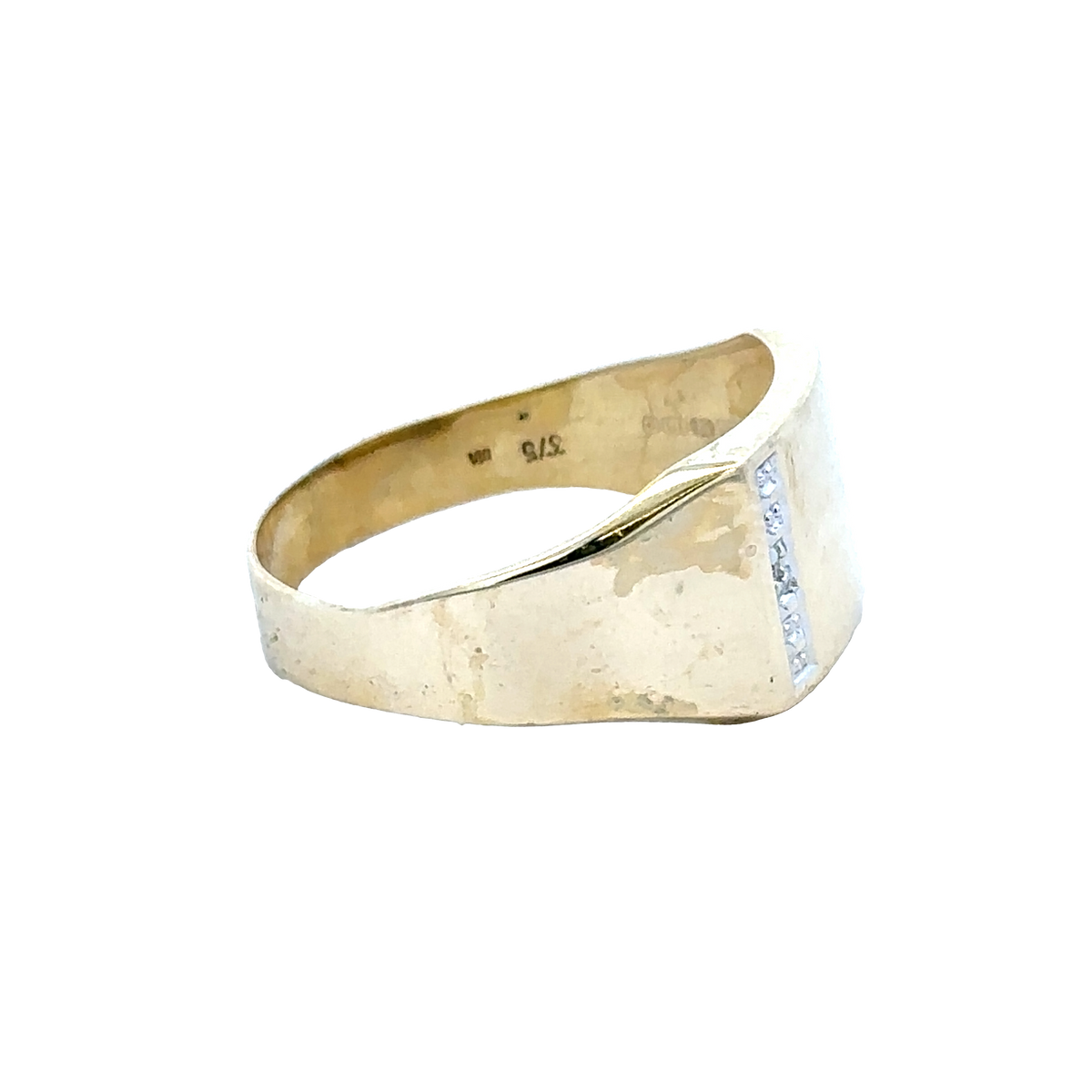 9ct yellow gold signet ring in size X by Reeves and Sons, featuring a polished gold surface and classic design.