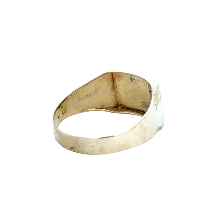 9ct yellow gold signet ring in size X, featuring a polished band and classic design by Reeves and Sons.