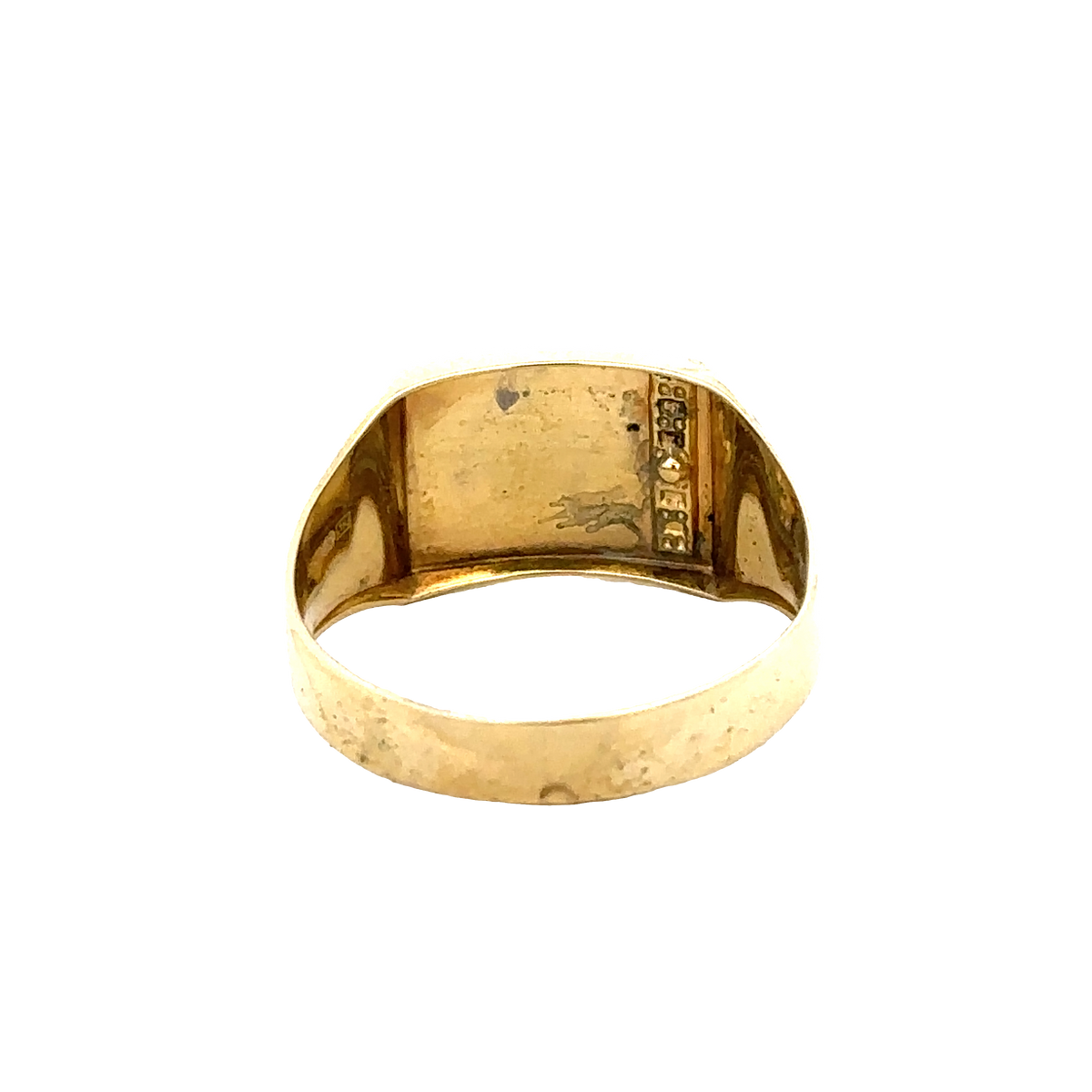 9ct yellow gold signet ring in size X by Reeves and Sons, featuring a smooth polished surface and classic design.