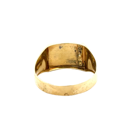 9ct yellow gold signet ring in size X by Reeves and Sons, featuring a smooth polished surface and classic design.