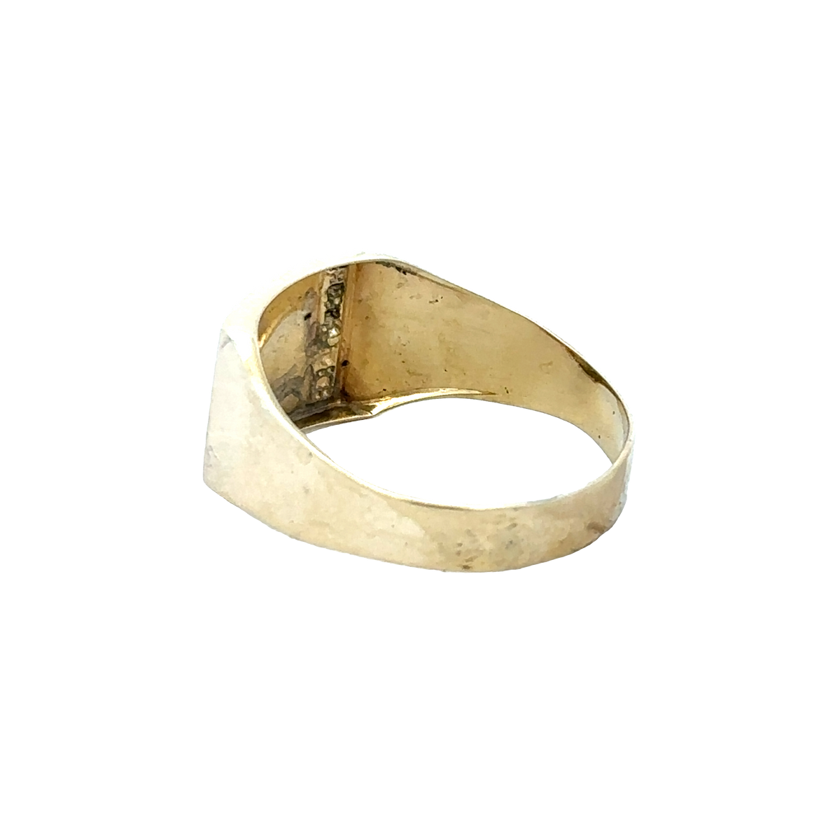 9ct yellow gold signet ring in size X by Reeves and Sons, featuring a smooth, polished surface and classic design.