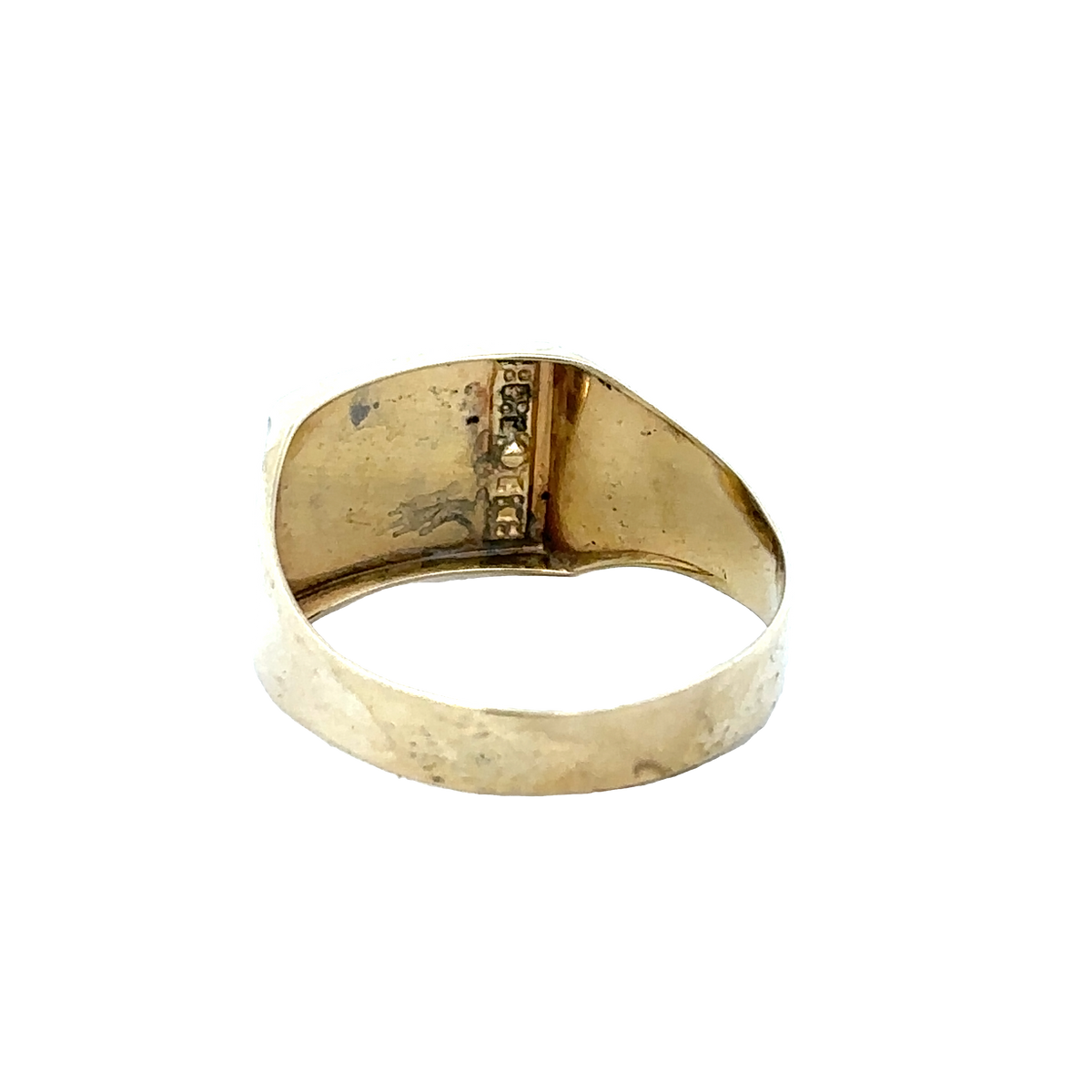 9ct yellow gold signet ring in size X with engraved face, crafted by Reeves and Sons, displayed on a neutral background.