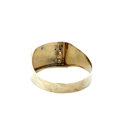 9ct yellow gold signet ring in size X with engraved face, crafted by Reeves and Sons, displayed on a neutral background.