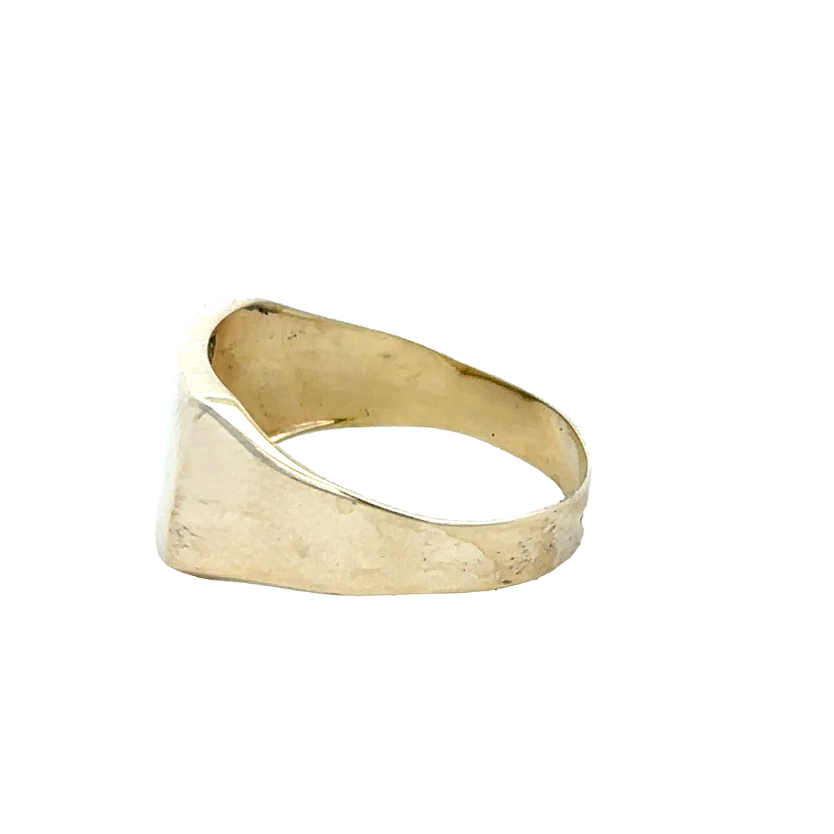9ct yellow gold signet ring in size X by Reeves and Sons, featuring a polished smooth surface and classic rectangular face.