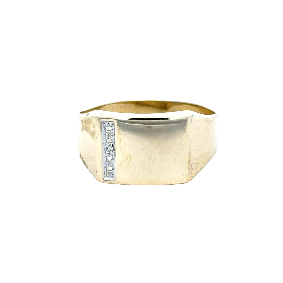 Reeves and Sons 9ct yellow gold signet ring in size X, featuring a polished, classic design with smooth band and engraved face.