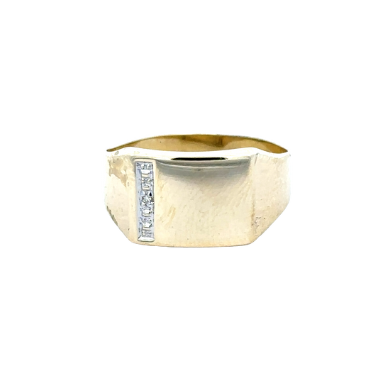 Reeves and Sons 9ct yellow gold signet ring in size X, featuring a polished, classic design with smooth band and engraved face.