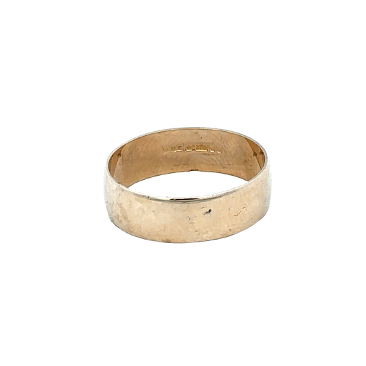 Yellow gold band ring in size N with a smooth, polished finish, crafted by Reeves and Sons.