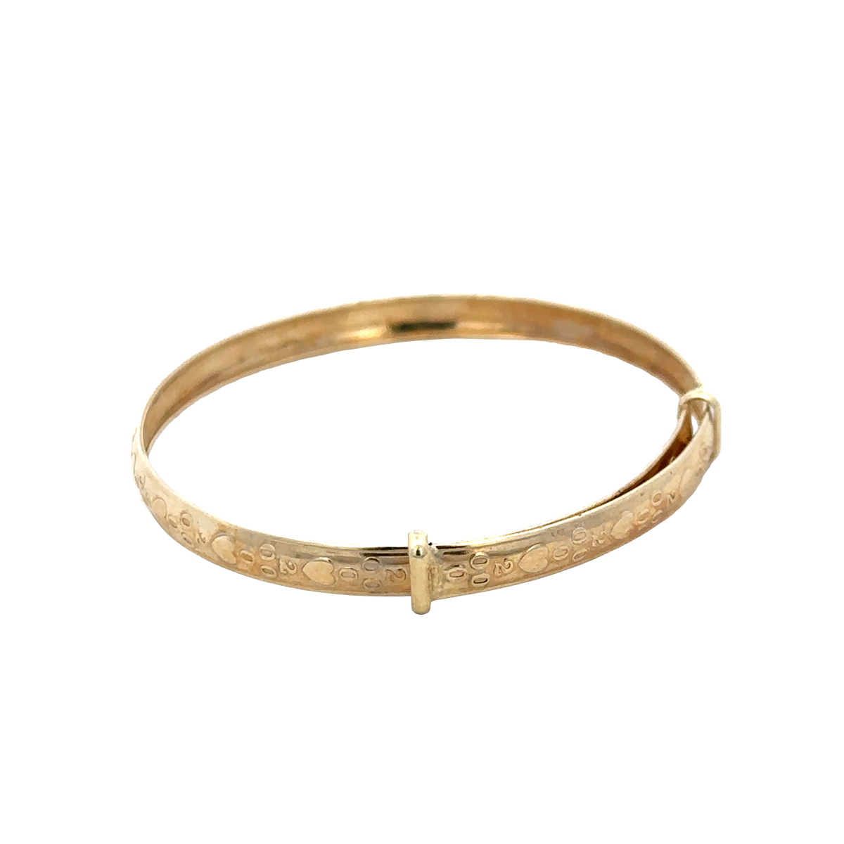 9ct yellow gold baby bangle weighing 2g, showcasing smooth, polished surface and delicate design from Reeves and Sons.