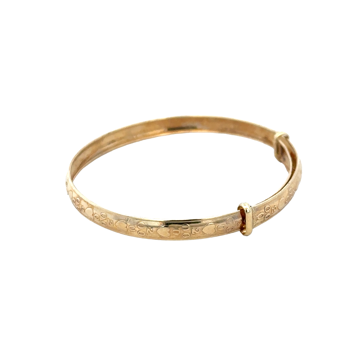 9ct yellow gold baby bangle by Reeves and Sons, delicate and polished with a smooth finish, weighing 2 grams.