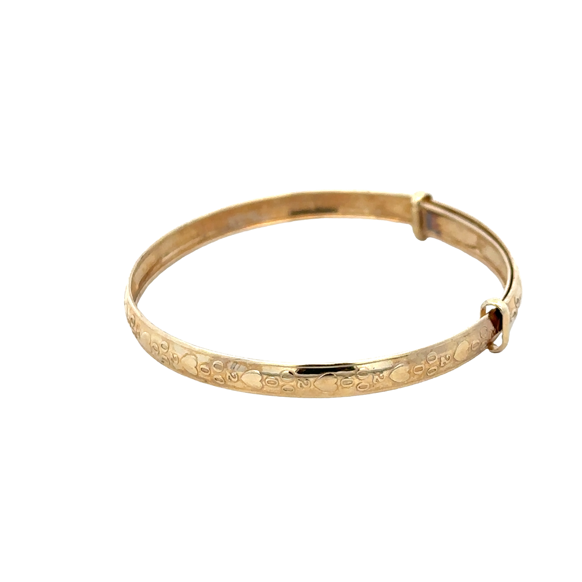 9ct yellow gold baby bangle weighing 2g with simple, smooth design from Reeves and Sons, shown in close-up.