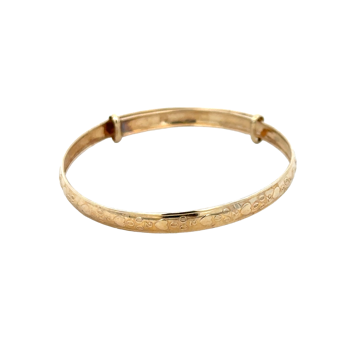 9ct yellow gold baby bangle weighing 2g with smooth, polished finish, showcasing a delicate and elegant design.