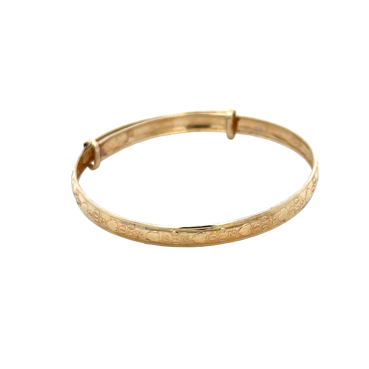 9ct yellow gold baby bangle weighing 2g with smooth, polished finish, designed for infants, by Reeves and Sons.